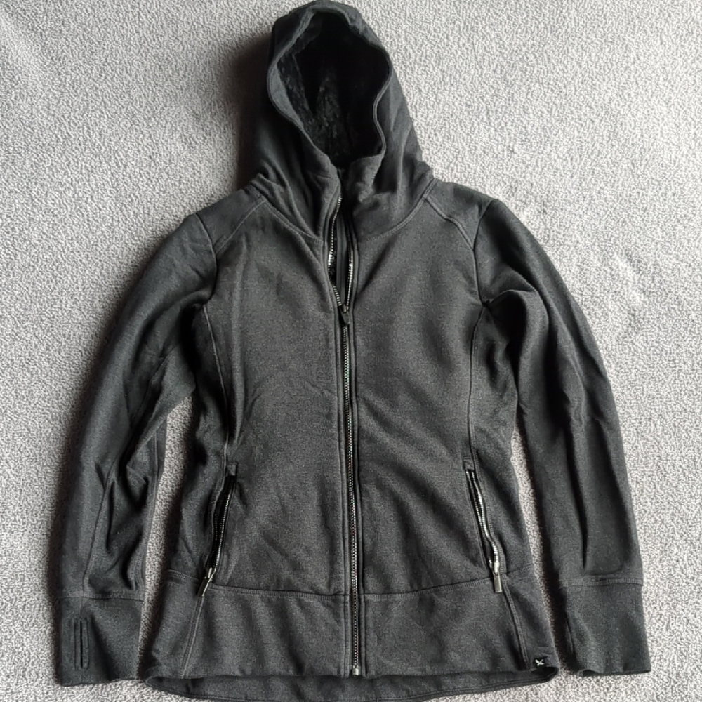 Eddie Bauer Charcoal Grey Zip Hoodie With Black Faux Fur Lining Size XS